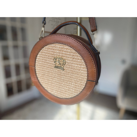 Pratesi Firenze Round Woven Straw Leather Crossbody Bag Italian Made Quiet Luxe - Picture 4 of 7